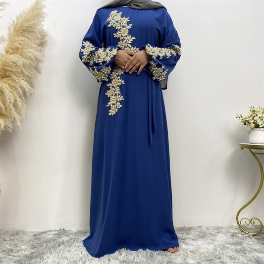 Fashion Lace Beaded Muslim Dress Women ice silk wrinkle